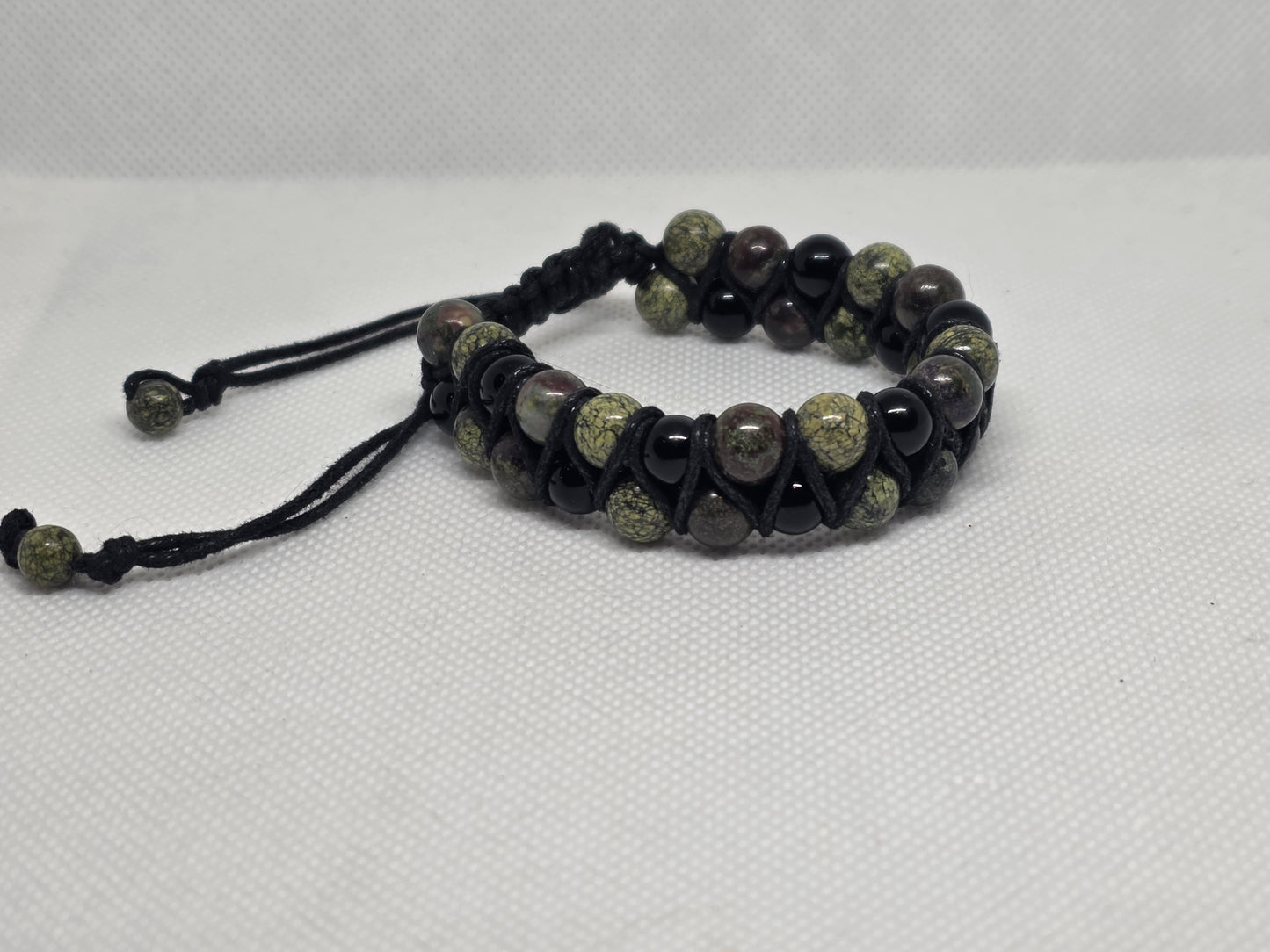 Serpentine, bloodstone, and onyx adjustable double strand bracelet