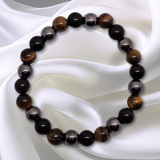 Tigers eye, Obsidian, Hematite