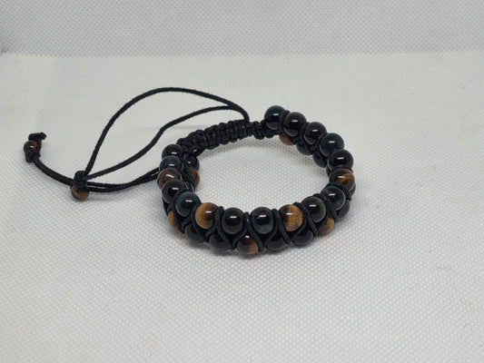 Tigers eye and obsidian adjustable double strand bracelet
