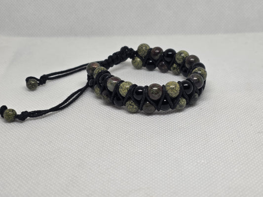 Serpentine, bloodstone, and onyx adjustable double strand bracelet