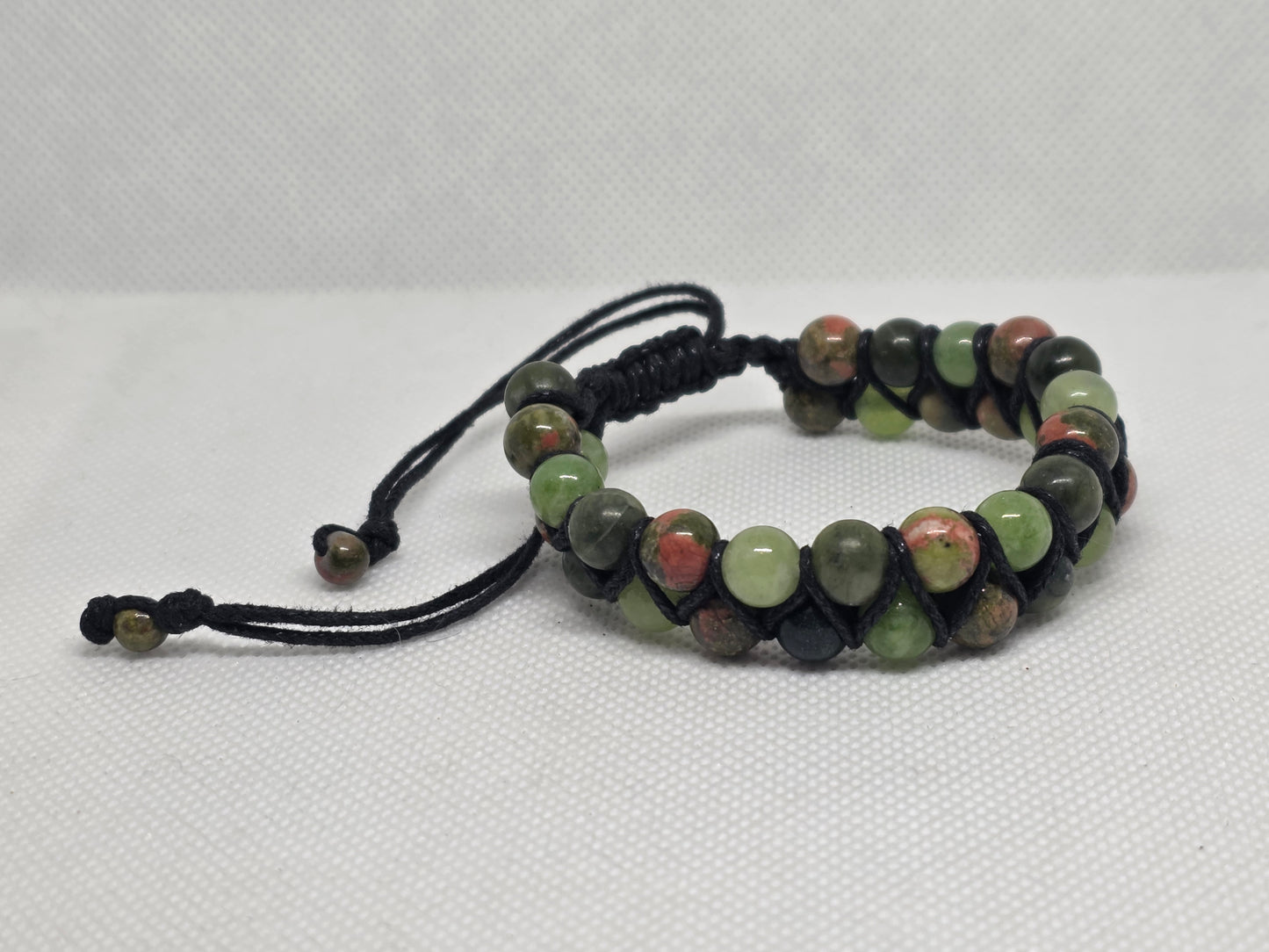 Unakite, peridot, and southern jade adjustable double strand bracelet