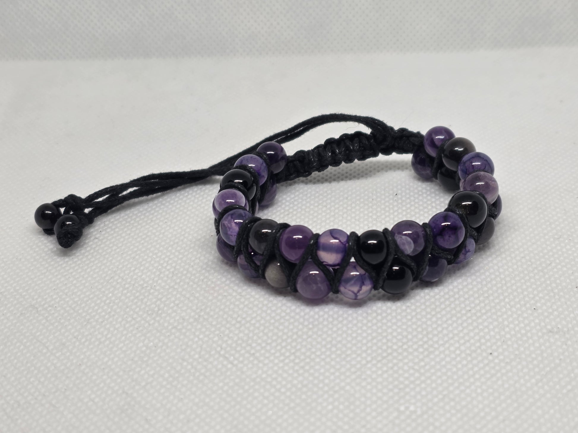 dragon vein agate, obsidian, and Amethyst adjustable beaded bracelet