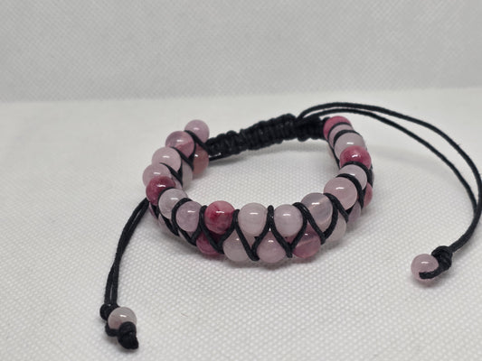 Persian agate, rose quartz, and kunzite double strand bracelet on a white background