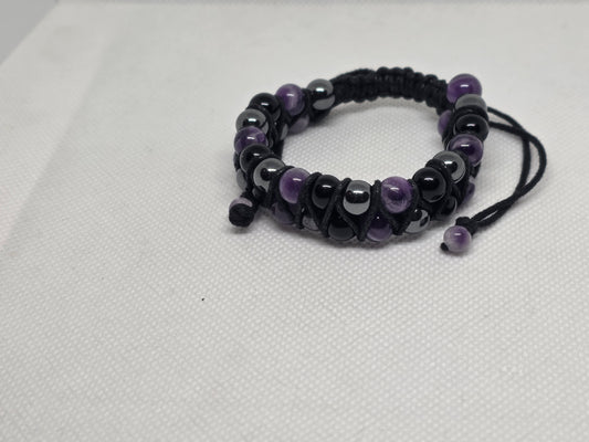 Amethyst, hematite and obsidian double strand bracelet (8mm)